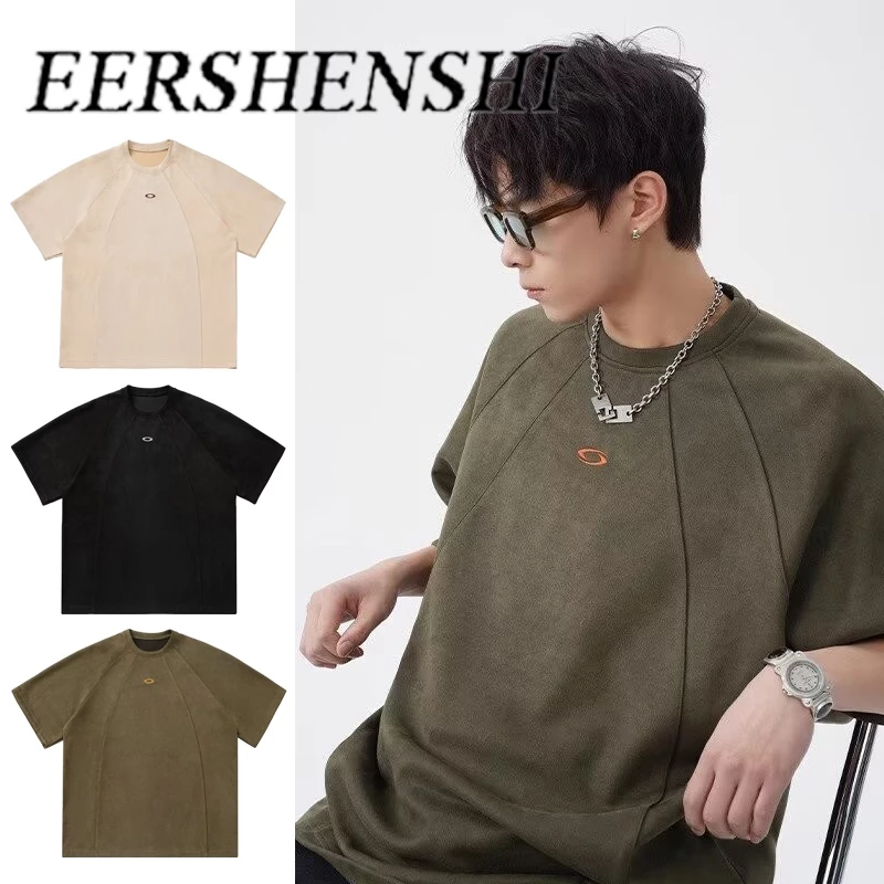 Eershenshi เทรนด์แฟชั่น American Suede เสื้อยืดแขนสั้นแฟชั่นไม่มีแบรนด์สไตล์ญี่ปุ่นเรียบง่ายใหม่