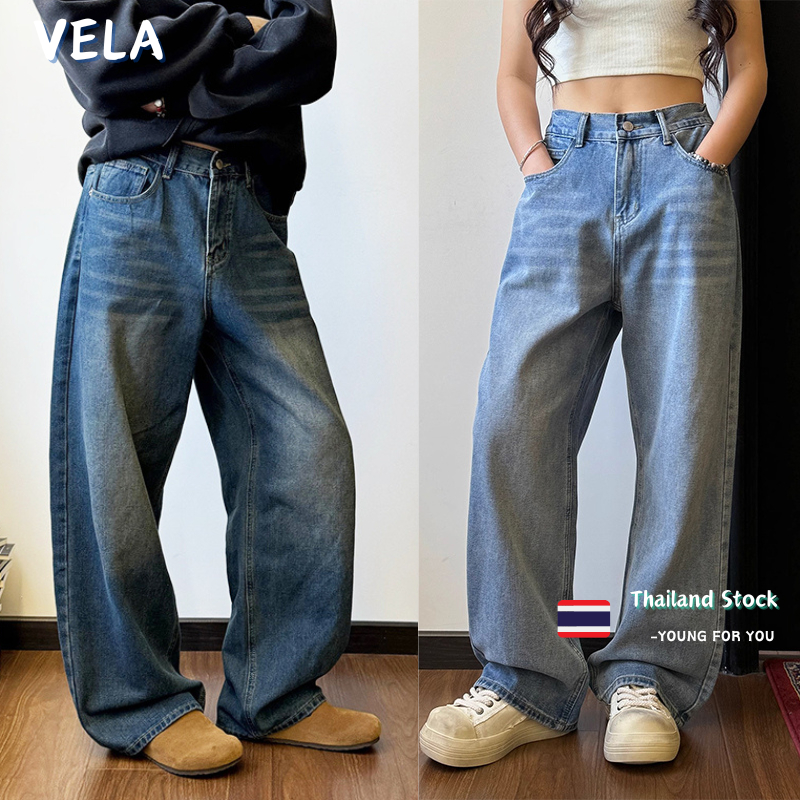 Vela-กางเกงยีนส์ ผู้ชาย ขากว้าง Baggy Jeans ขากระบอกใหญ่ สีฟ้าย้อนยุค ขายาว ทรงหลวม