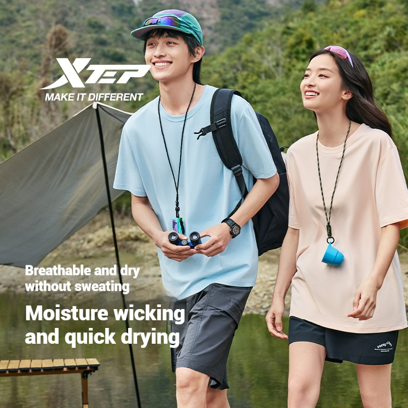 XTEP แขนสั้นสำหรับผู้ชายและผู้หญิง 2025 ฤดูร้อนกลางแจ้ง Quick-Drying เสื้อยืดกีฬา.Simple