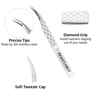 Praeclarus แหนบสแตนเลส Fibrous Design & Diamond Grip รูปแบบบน Tip Precision ป้องกันการกัดกร่อนป้องกันกรด Professional สําหรับ Eyelash Extension Tweezer เครื่องมือ