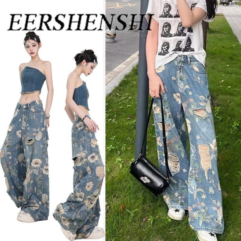 Eershenshi กางเกงยีนส์ทรงตรงขาดๆ พิมพ์ลายย้อนยุคสไตล์อเมริกันสำหรับฤดูร้อน