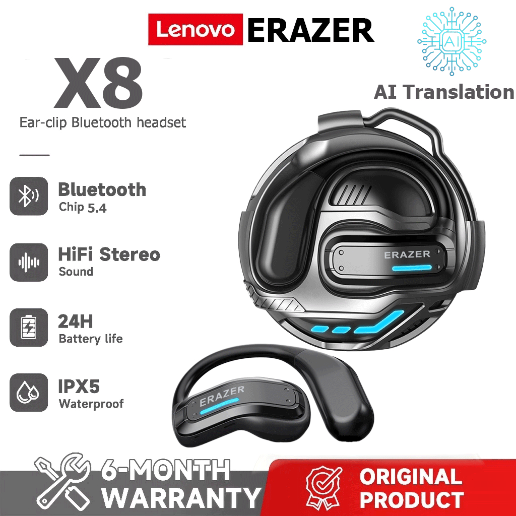 Lenovo ERAZER X8 Al ชุดหูฟังบลูทูธแปล Real-Time สมาร์ทแปลชุดหูฟังบลูทูธไร้สาย 5.4 OWS ชุดหูฟังกีฬานํากระดูก Touch HiFi Sound Qual