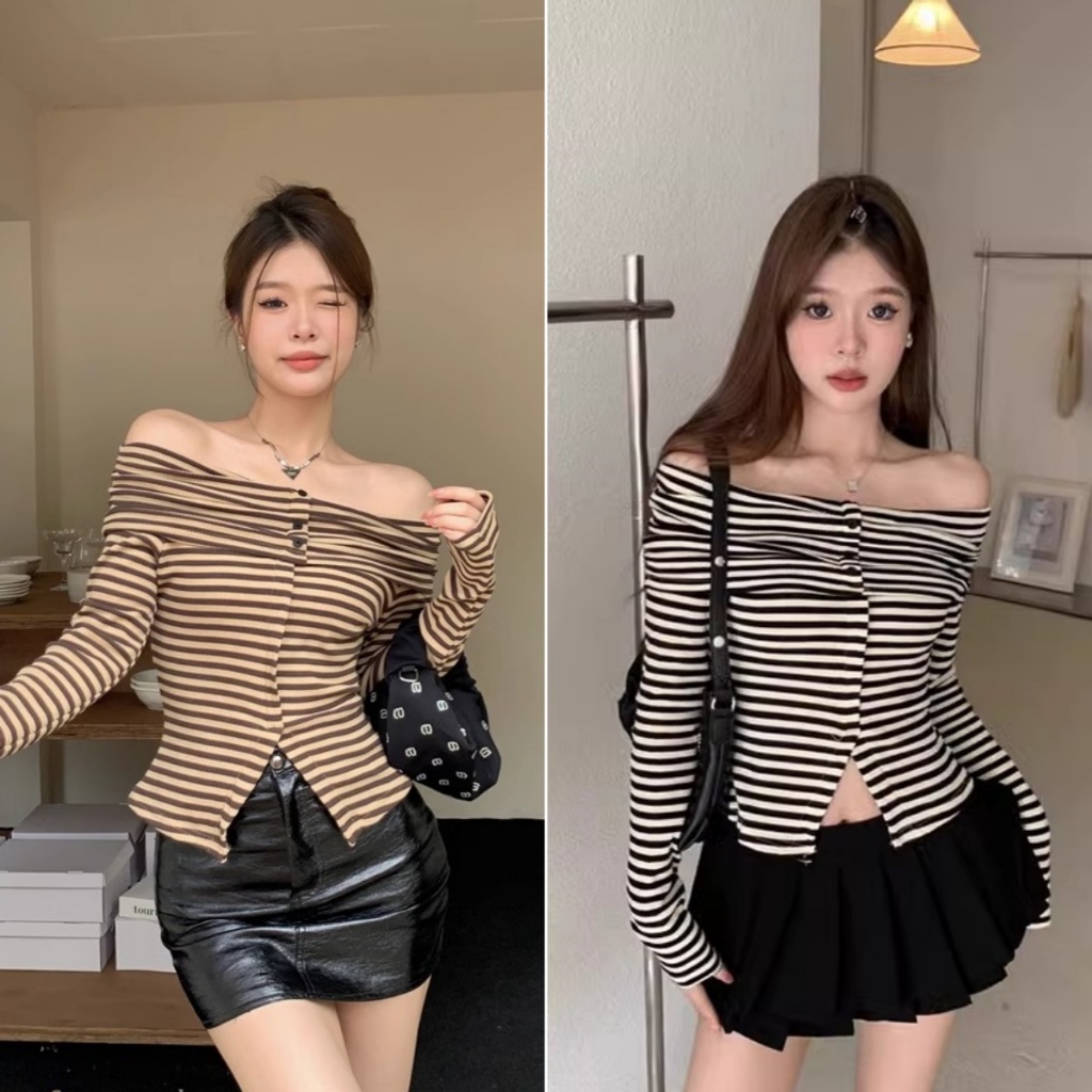 Hotgirl พร้อมส่ง✨เสื้อยืดโชว์ไหล่ เสื้อยืดแขนยาวผู้หญิง สไตล์เกาหลี เซ็กซี่ สาวร้อนแรง ลายทาง