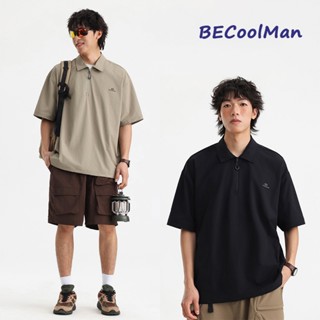 ✨BECoolMan✨เสื้อโปโลผู้ชาย ซิปครึ่ง แห้งเร็ว สไตล์อเมริกัน แ…
