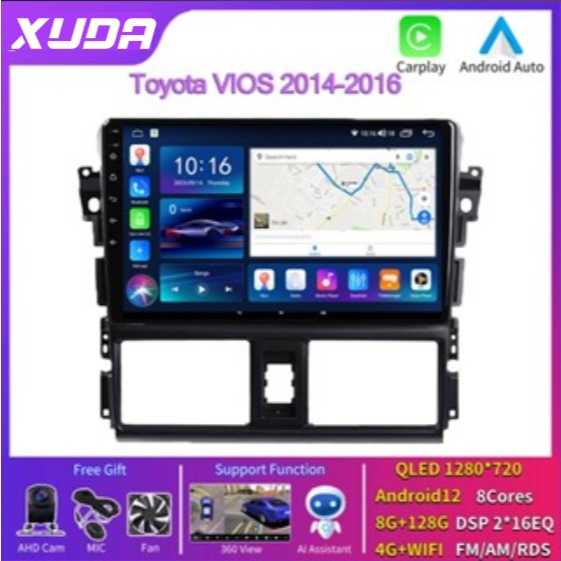 XUDA  เครื่องเล่นวิดีโอ Android 12 4G+64G พร้อมกรอบ สําหรับ TOYOTA VIOS 2014-2016 Android 12