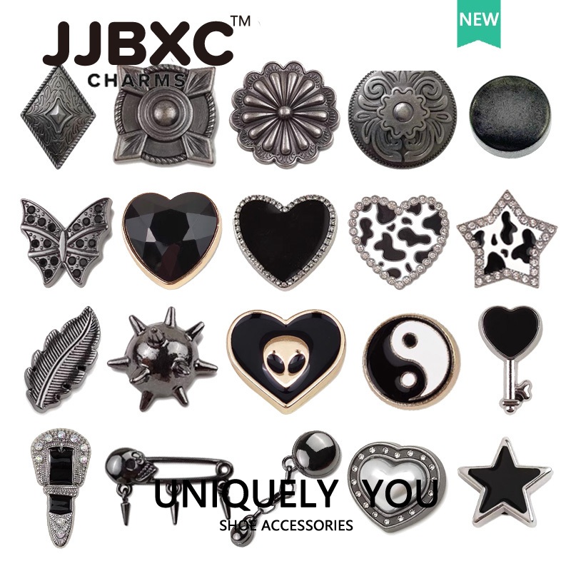 JJBXC ตัวติดรองเท้า charm ลายโลหะสีดำ มีลวดลายหรู แฟชั่น แบบเสียบ DIY อุปกรณ์ตกแต่งรองเท้า
