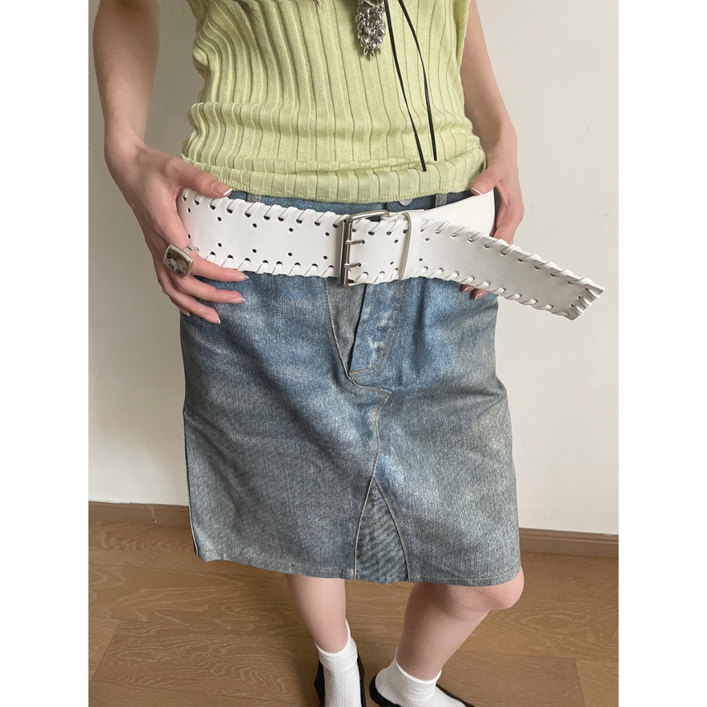 Niche Design เข็มขัดกว้างผู้หญิงทอมือ Seaming Girdle จับคู่กระโปรงกางเกงยีนส์เข็มขัด All-Match ตกแต่ง