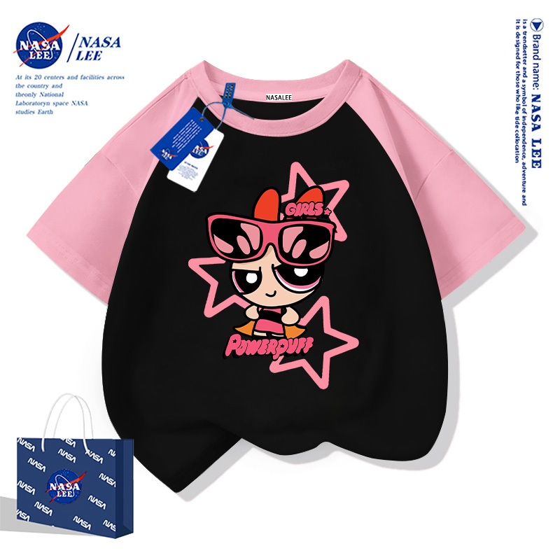 NASA เสื้อยืดแขนสั้นผ้าฝ้ายลายต่อสีชมพูดำสำหรับเด็ก พิมพ์ลายสาวน้อยพาวเวอร์พัฟ น่ารัก เท่ หวาน สไตล์ใหม่ปี 2025 สำหรับเด็กผู้หญิง ใส่หน้าร้อน แฟชั่นทันสมัย
