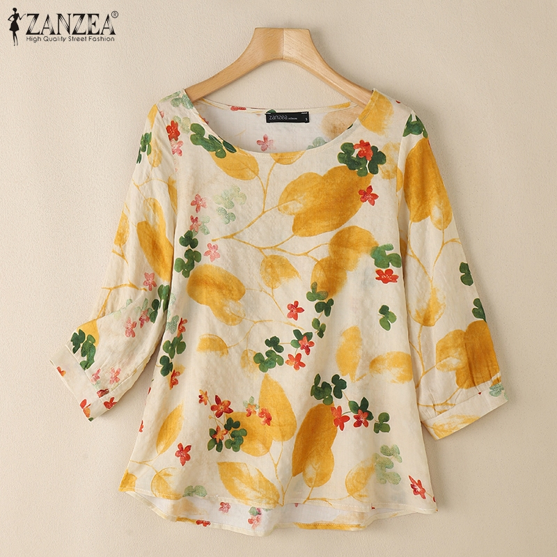 ZANZEA ใส่ ซานเซีย ผู้หญิงแฟชั่นที่สง่างามลูกเรือคอการออกแบบการพิมพ์เสื้อแขนสามในสี่