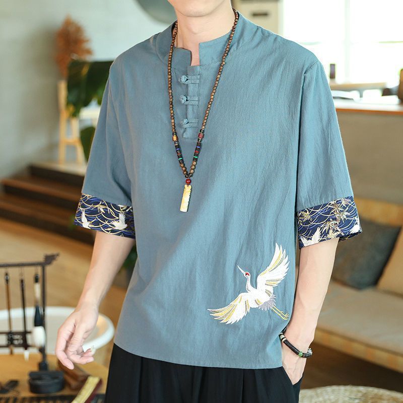 ใหม่ผู้ชายเสื้อแขนสั้นเต่าคอแคบ-เอวเย็บปักถักร้อยผ้าฝ้าย
