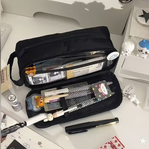 OHAYA | กล่องดินสอสีดําห้าชั้นกระเป๋าเครื่องเขียนแบบพกพากระเป๋าเก็บเครื่องสําอาง