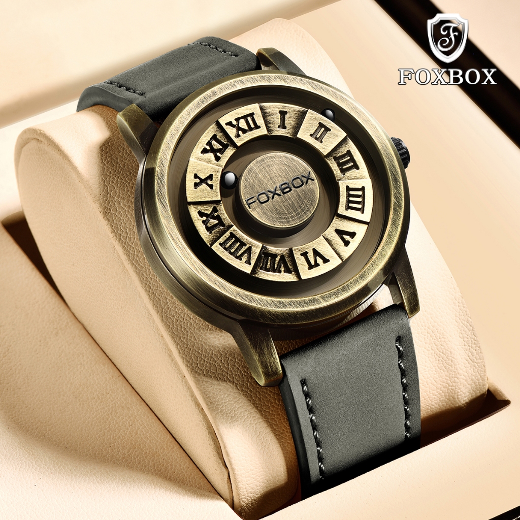 Foxbox ใหม่แฟชั่น Retro Mens นาฬิกา Creative Scrolling Pointer Magnetic Force นาฬิกาข้อมือควอตซ์ของแท้นาฬิกาผู้ชาย