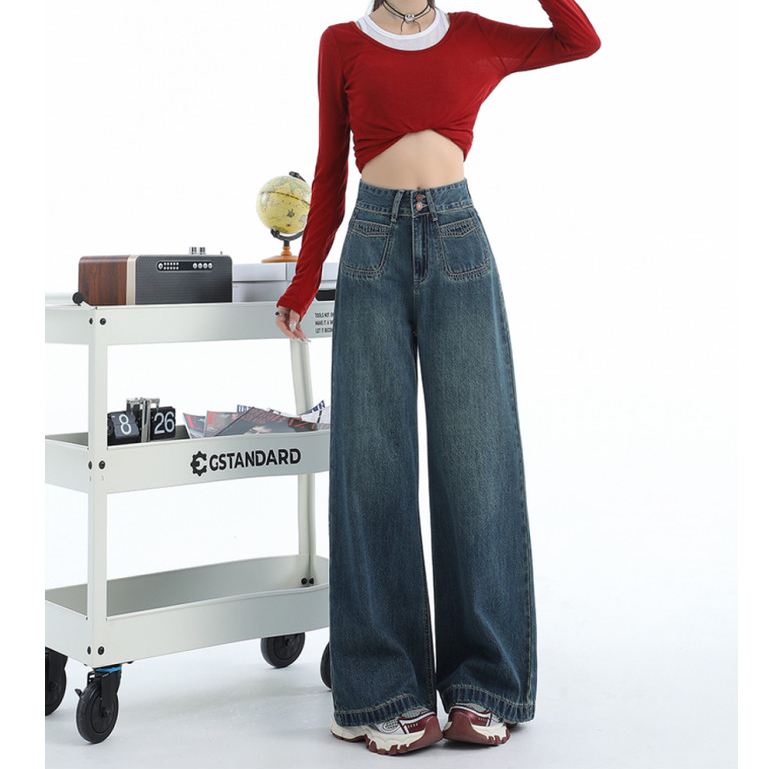 Floerns กางเกงยีนส์ยาวเอวสูง ทรงกระบอก แต่งกระเป๋าสี่เหลี่ยม - รูปที่ 4