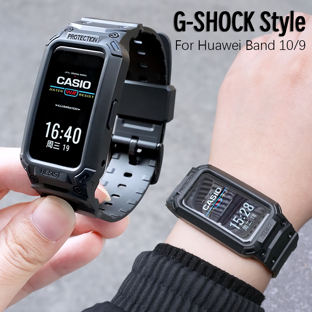 เกราะกีฬาสายรัด TPU ทนทานสําหรับ HUAWEI Band 10 9 สายรัดข้อมือ CASIO G-SHOCK สไตล์ซิลิโคน Band พร้อมเคสป้องกันสําหรับ HUAWEI Band 7 6 สําหรับ HUAWEI นาฬิกา Fit 3 Fit2 เปลี่ยน