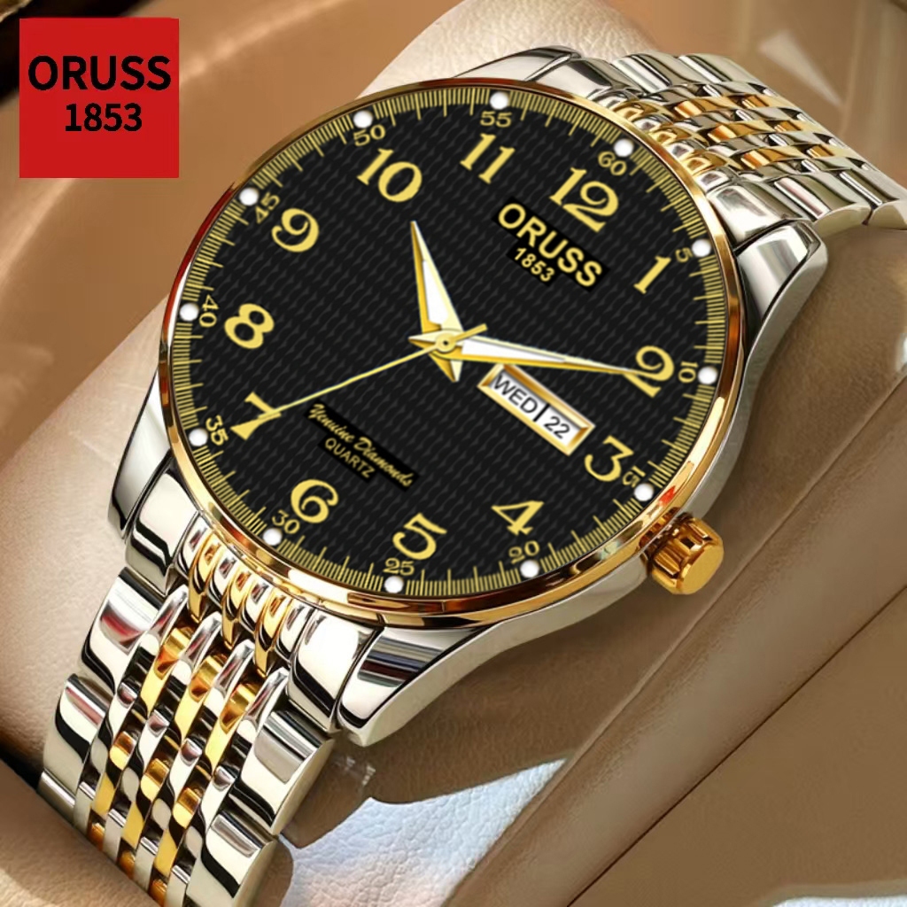 ORUSS Original Mens Dual Calendar Luxury สแตนเลส Luminous แฟชั่นนาฬิกากันน้ําธุรกิจเกาหลีรุ่นนาฬิกาข้อมือควอตซ์