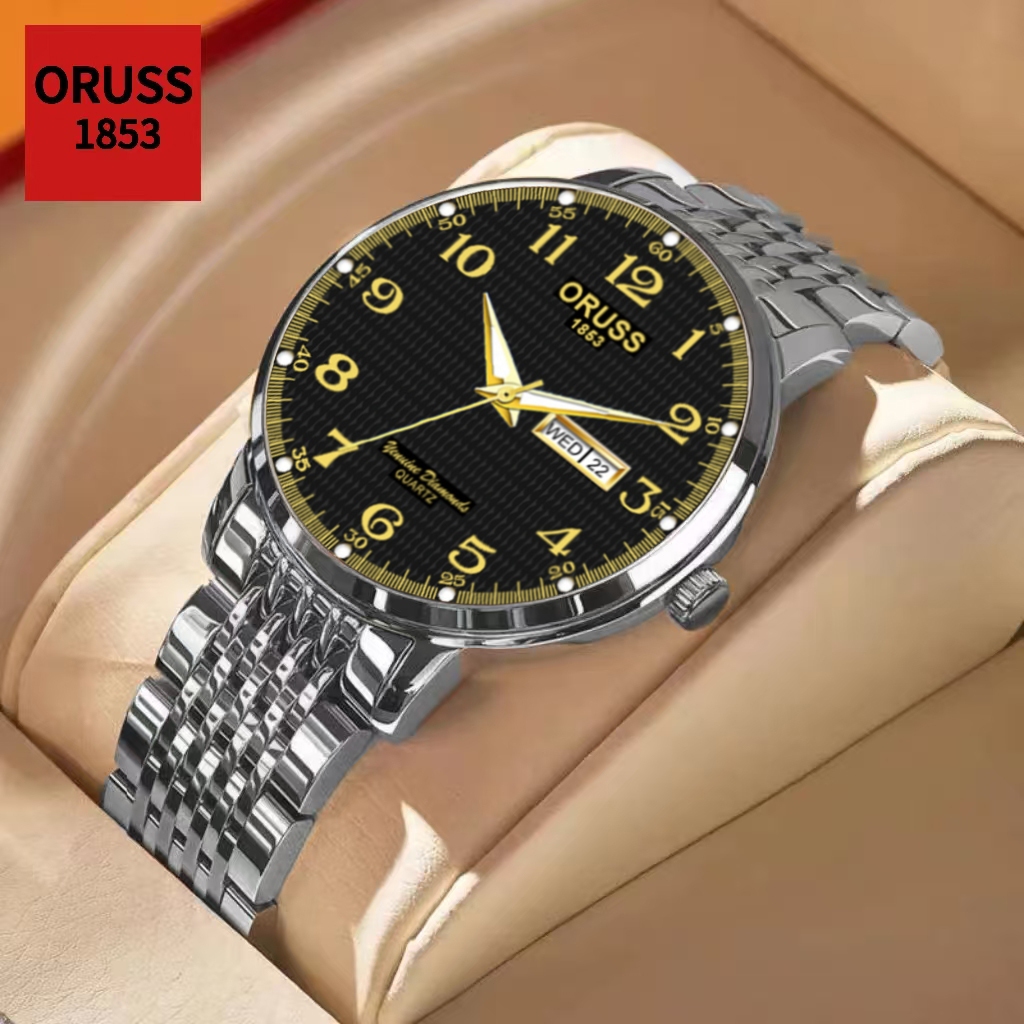 ORUSS Original Mens Dual Calendar Stainless Steel Luminous Fashion Waterproof Luxury Silver Watch Ko