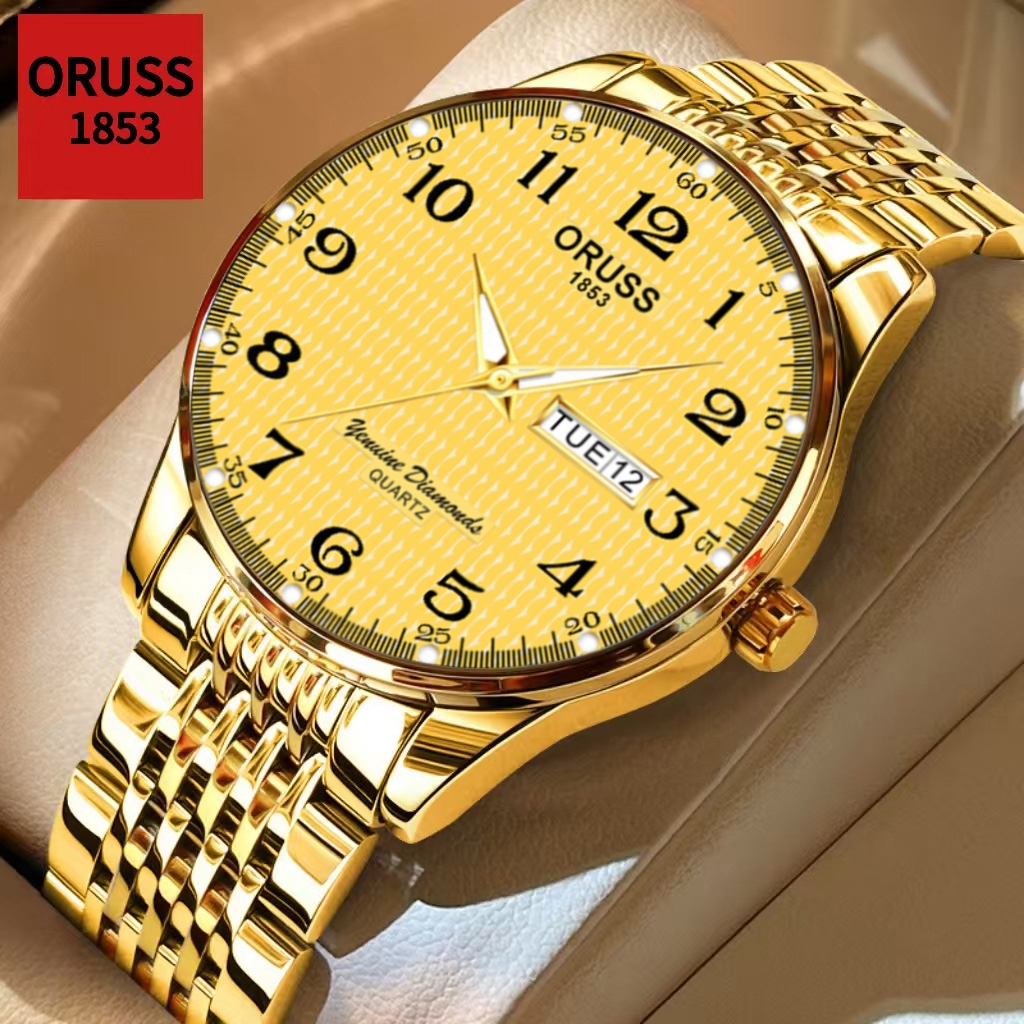 ORUSS รัส ต้นฉบับ ผู้ชายสแตนเลสทองหรูหราปฏิทินคู่ส่องสว่างกันน้ํานาฬิกาแฟชั่นธุรกิจเกาหลีรุ่นควอตซ์นาฬิกาข้อมือ