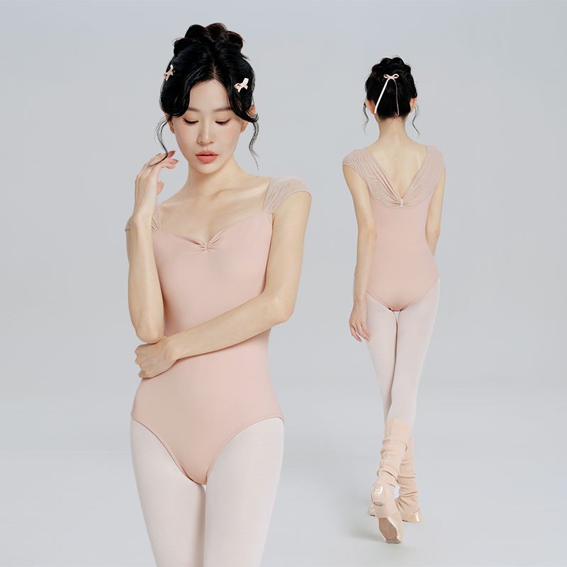ผู้หญิงบัลเล่ต์ Leotard ตาข่าย Splice แขนกุดสีชมพูเต้นรําบอดี้สูทยิมนาสติก Leotard