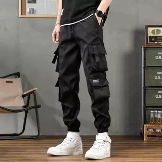 ผู้ชาย ชุดเอี๊ยม กางเกงขายาวหลายกระเป๋ากางเกง เชือกรูด ขนาดใหญ่ ม-5เอ็กแอล โยง เข็มขัดยางยืดหลวมยืดหยุ่นสบาย
