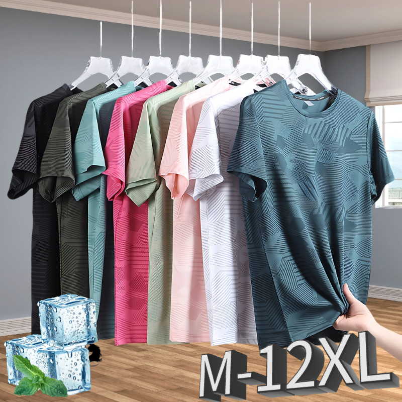 [M-12XL] ฤดูร้อนเสื้อผ้าผู้ชายแฟชั่นเสื้อยืดคอกลมผ้าไหมน้ําแข็งกีฬาสันทนาการน้ําหนักเบาระบายอากาศฟิตเนสขนาดใหญ่แขนสั้นกลางแจ้งแห้งเร็ว