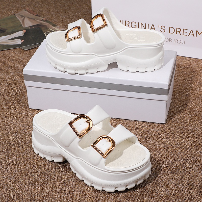 STEP & STYLE  ผู้หญิงหัวเข็มขัดโลหะ อีวา รองเท้า เบอร์เกนสต๊อก พื้นหนาเพิ่มความสูง พื้นนุ่ม เป็นมิตรกับสิ่งแวดล้อมทนกลิ่นกันลื่นรองเท้าแตะเย็นกลางแ