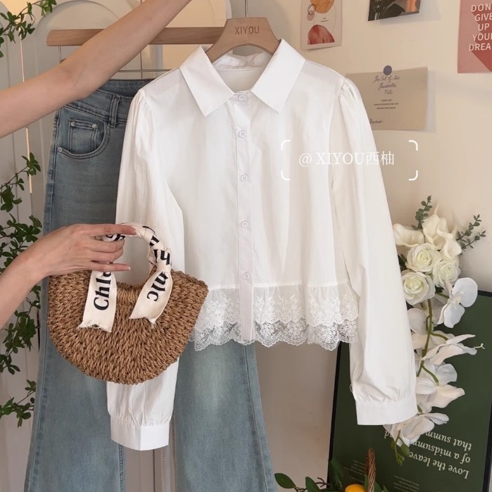 สไตล์เกาหลีผู้หญิงสุภาพสตรีหลวมลูกไม้เสื้อแขนยาวเสื้อ