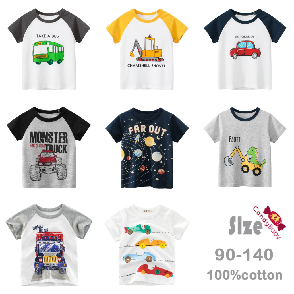 เสื้อยืดแขนสั้น ผ้าฝ้าย ลายการ์ตูนรถบัสน่ารัก แฟชั่นฤดูร้อน สําหรับเด็กผู้ชาย อายุ 1-8 ปี
