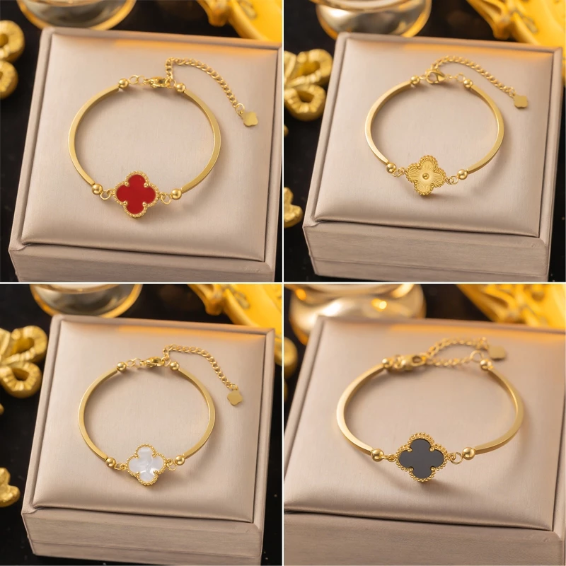สร้อยข้อมือโคลเวอร์สองด้าน สำหรับผู้หญิง ออกแบบหรูหรา ทำจากเหล็กไทเทเนียม 18K คงทนไม่จางหาย