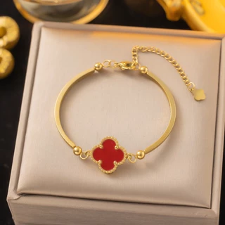 สร้อยข้อมือโคลเวอร์สองด้าน สำหรับผู้หญิง ออกแบบหรูหรา ทำจากเหล็กไทเทเนียม 18K คงทนไม่จางหาย