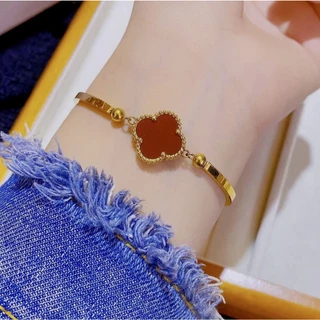 สร้อยข้อมือโคลเวอร์สองด้าน สำหรับผู้หญิง ออกแบบหรูหรา ทำจากเหล็กไทเทเนียม 18K คงทนไม่จางหาย
