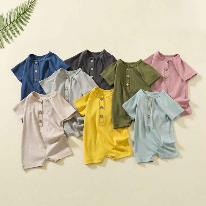 ชุดจั๊มสูทเด็กฤดูร้อนแขนสั้นระบายอากาศเย็น ชุดจั๊มสูท ผ้าฝ้ายบางทารกแรกเกิด อิน สไตล์เสื้อผ้าคลาน 0-24 เดือนชายและหญิงทารก ชุดรอมเปอร์