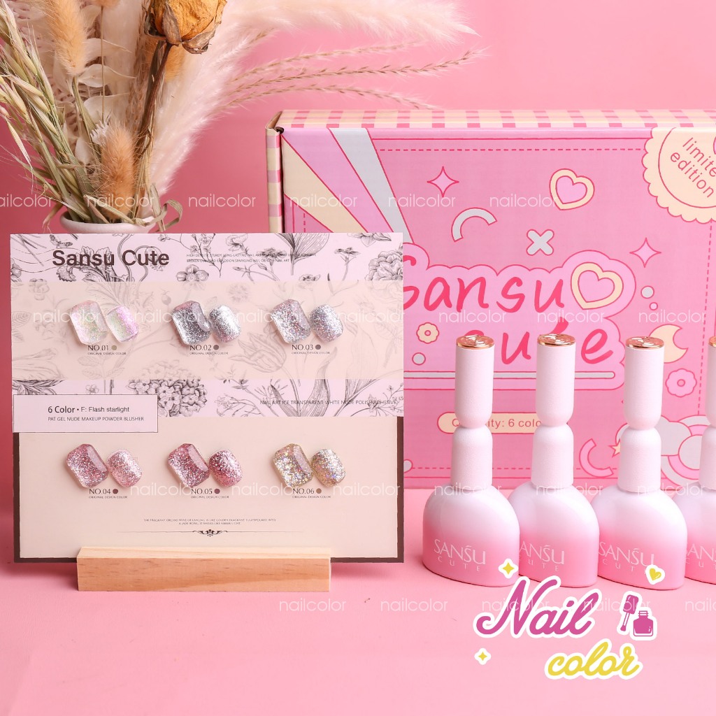 [คลังสินค้าพร้อม] Sansu ชุดแต่งเล็บกระพริบ 6 สี (15 มล. การ์ดสีฟรี + ฐานไม้) กาวยาทาเล็บเลื่อมกลิตเตอร์