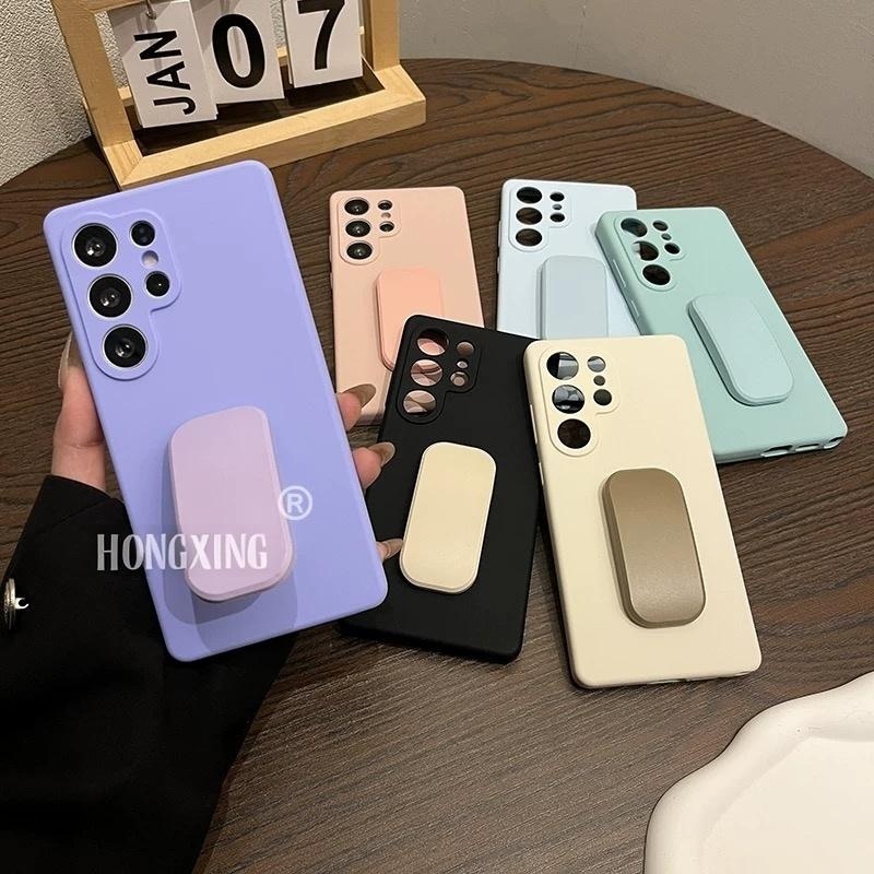 สีทึบ ดึงขาตั้ง เคส Samsung Galaxy S25 Ultra S25 Plus S25 S24 FE S24 Ultra S24 Plus S24 S23FE S23 Ultra S23 Plus S23 S22Ultra S22Plus S22 A55 A54 5G Case เคสโทรศัพท์ใหม่ ซิลิโคนอ่อนนุ่มป้องกันการตก เคสมือถือซัมซุง