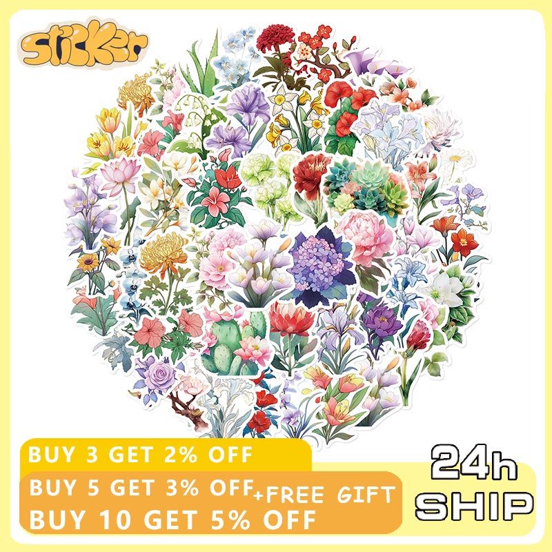 50ชิ้นการ์ตูนดอกไม้ที่มีสีสันสติกเกอร์ ทําเอง ขวดน้ําแล็ปท็อปกระเป๋าเดินทางสติกเกอร์ไวนิลกันน้ํา