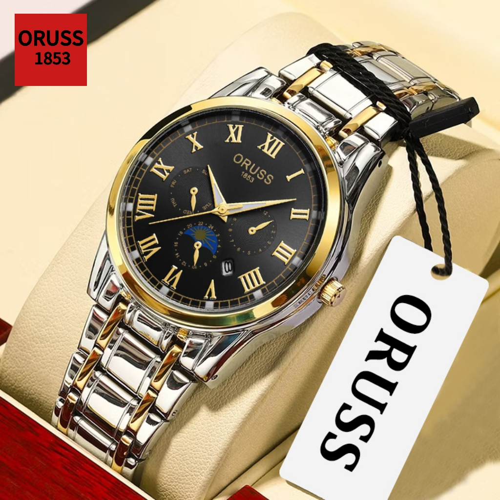 ORUSS Original Mens Luxury Calendar Stainless Steel Fashion Luminous นาฬิกากันน้ําเวอร์ชั่นเกาหลีนาฬ