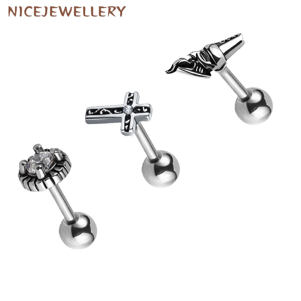 Retro สแตนเลสสตีลต่างหู 1 Pc คริสตัล Punk Earlobe กระดูกอ่อนเจาะสีดํา Antiภูมิแพ้ Ear Stud