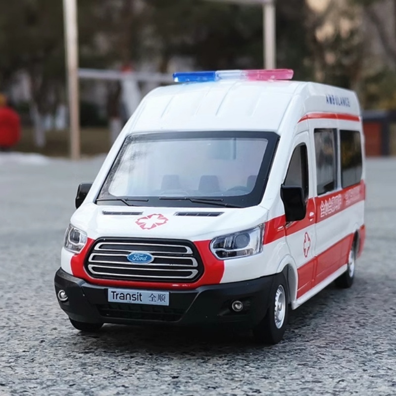 1:35 Ford Transit 911 รถพยาบาลโลหะผสม Miniature รถรุ่น Diecast โลหะรุ่นรถ Sound & Light ของเล่นเด็กรถ
