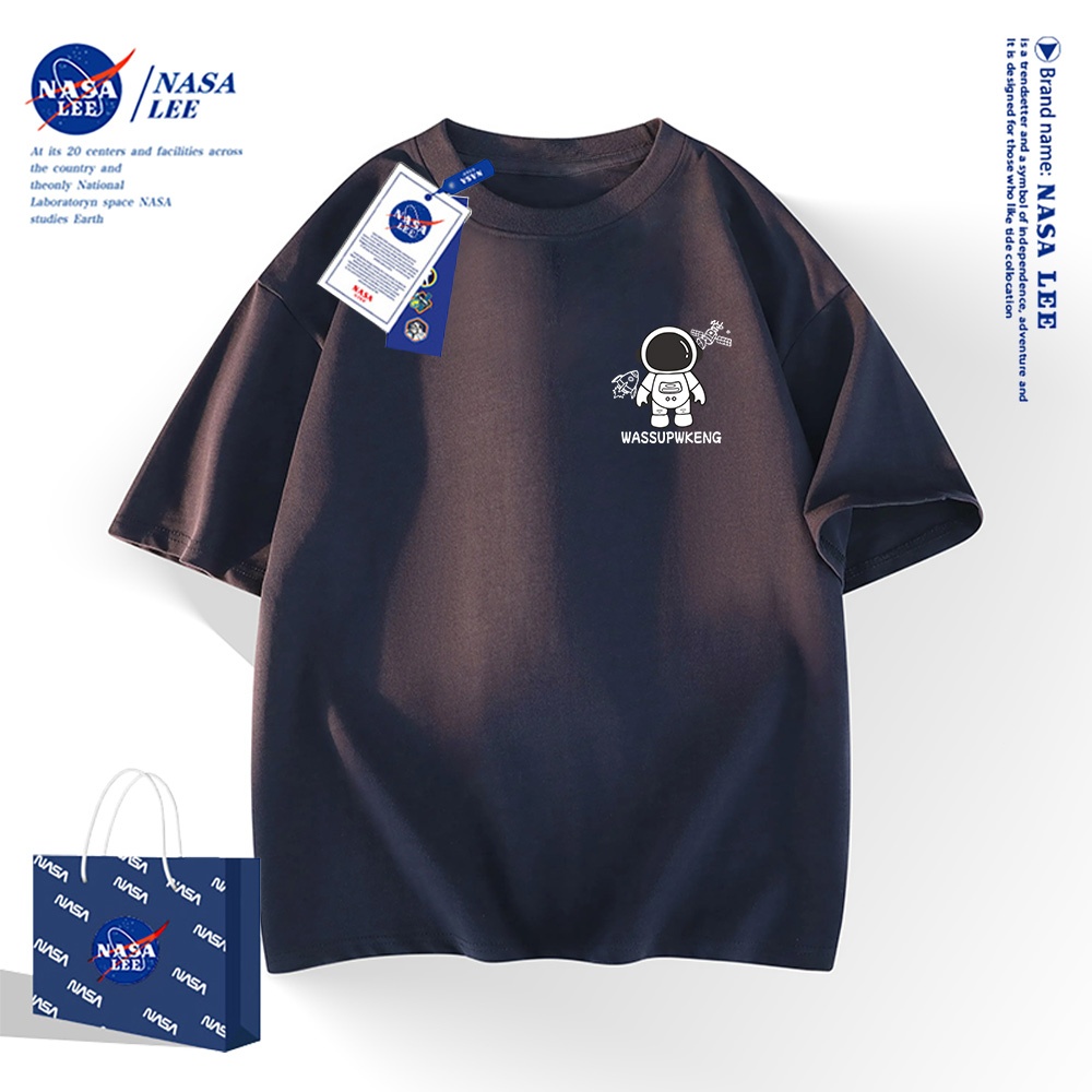 NASA เสื้อยืดแขนสั้น 100% คอตตอน สไตล์อเมริกัน สำหรับผู้ชายและผู้หญิง ลายมนุษย์อวกาศต้นฉบับ - รูปที่ 2