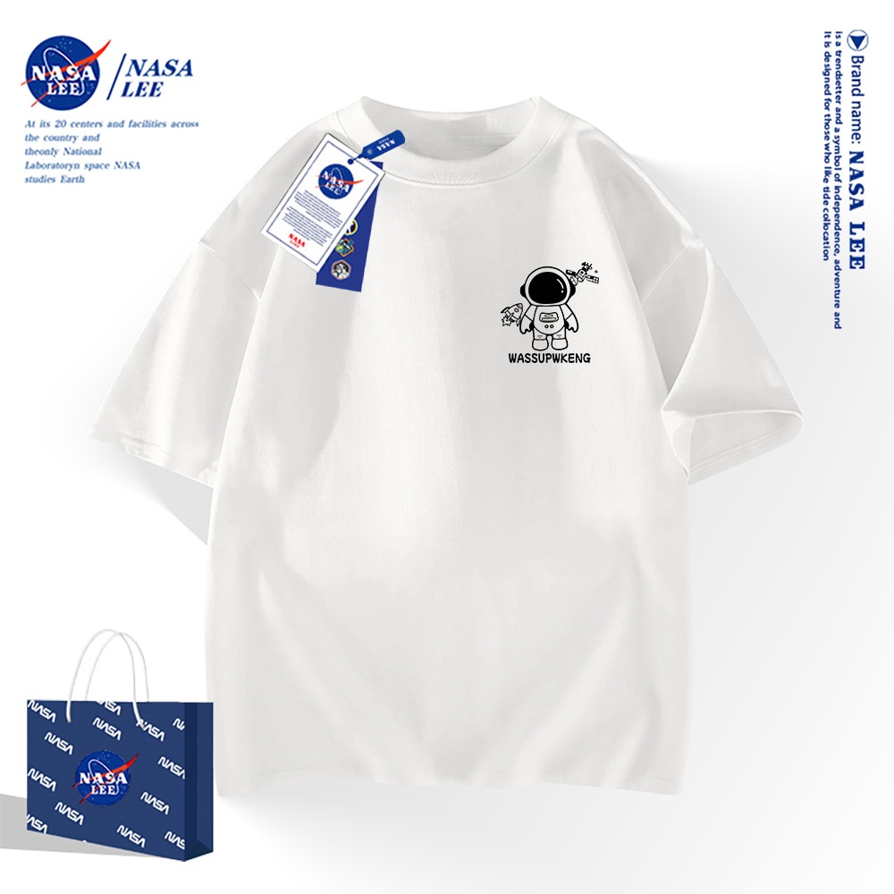 NASA เสื้อยืดแขนสั้น 100% คอตตอน สไตล์อเมริกัน สำหรับผู้ชายและผู้หญิง ลายมนุษย์อวกาศต้นฉบับ