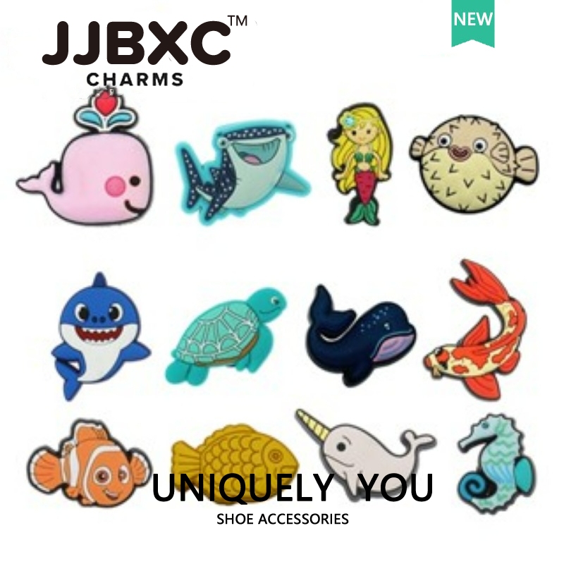 JJBXC ตัวติดรองเท้า charm รองเท้าพิเศษตกแต่งด้านบนหัวเข็มขัดชุดสัตว์ทะเล ม้าน้ำ เต่าทะเล ฉลาม อุปกรณ์ตกแต่งรองเท้า