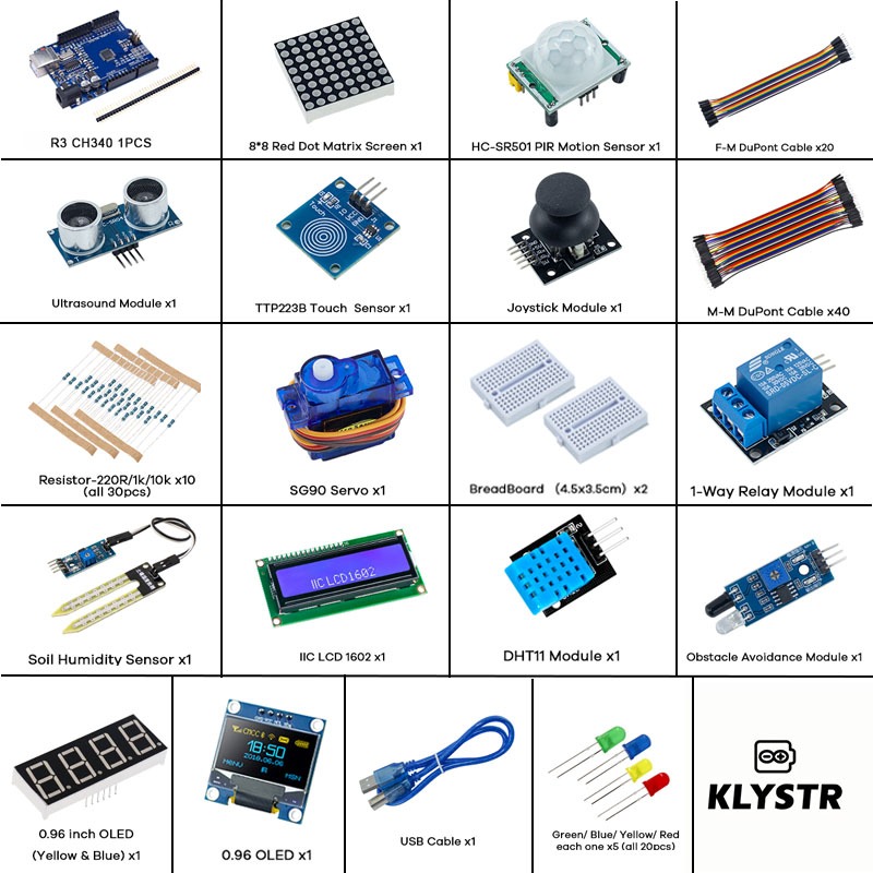 KLYSTR ชุดเริ่มต้นโมดูลเซ็นเซอร์ KLYSTR สําหรับ Arduino Uno ชุด R3 ,0.96" OLED 1602 จอแสดงผล LCD พร้อมการสอน