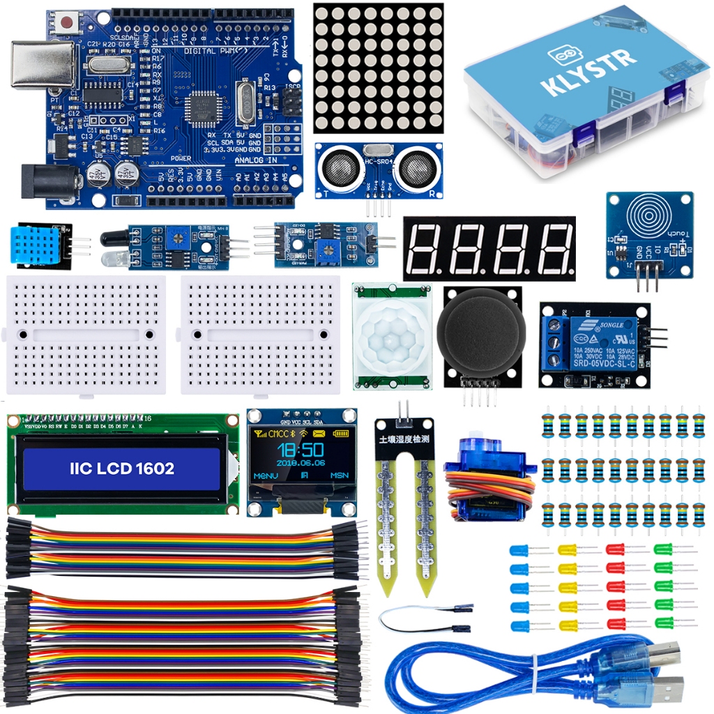 KLYSTR ชุดเริ่มต้นโมดูลเซ็นเซอร์ KLYSTR สําหรับ Arduino Uno ชุด R3 ,0.96" OLED 1602 จอแสดงผล LCD พร้อมการสอน