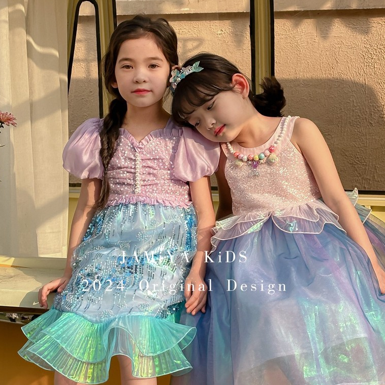 ชุดเด็กผู้หญิงนางเงือก ชุดแอเรียล กระโปรงหางปลา แวววาว เลื่อม เดรสไปทะเล แฟชั่นฤดูร้อน Ariel Disney