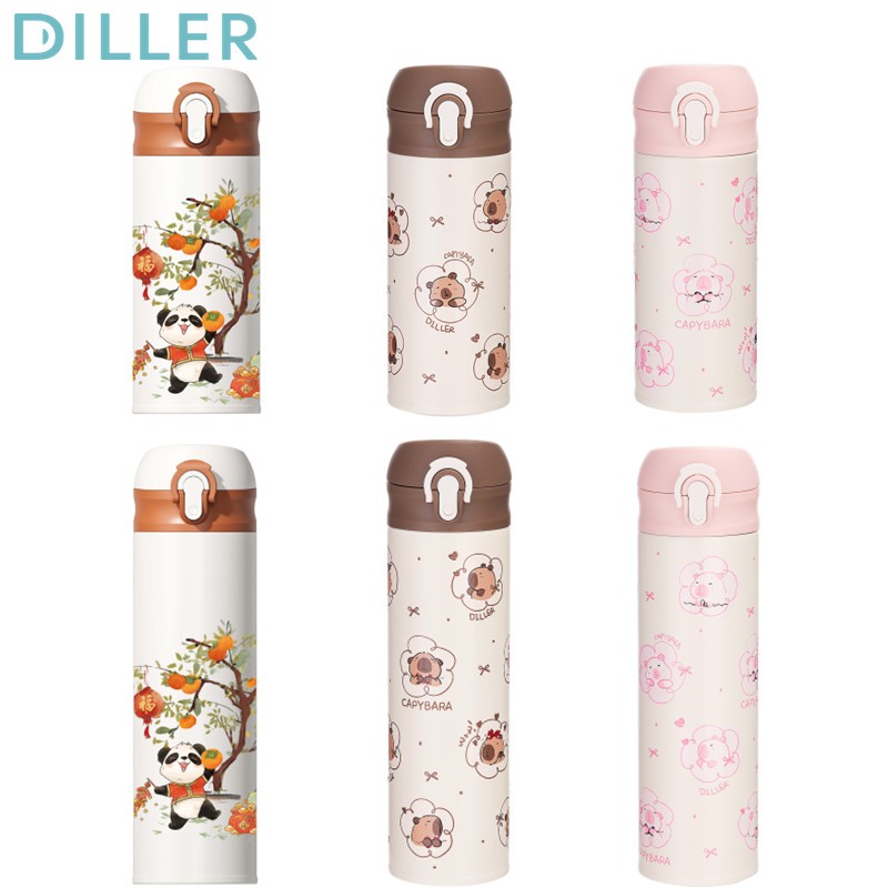 Diller กระติกน้ําสูญญากาศ Thermos 316 สแตนเลสพร้อมฟางเก็บเย็นและร้อนน่ารักขวดน้ําดื่ม 350/480ml D9281