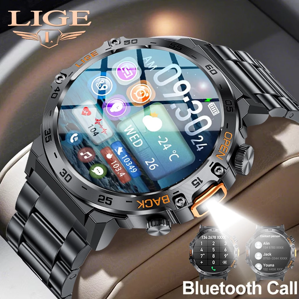 LIGE สมาร์ทวอท์ช Original พร้อมไฟฉาย LED Full Touch กีฬาฟิตเนส Tracker Heart Rate Health Monitor กันน้ําบลูทูธโทร SmartWatch สําหรับ IOS Android