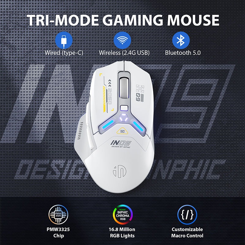 Inphic IN9 เมาส์สําหรับเล่นเกมบลูทูธไร้สายสามโหมด Ergonomic Macro RGB PUBG/LOL/CSGO เดสก์ท็อปโน้ตบุ๊