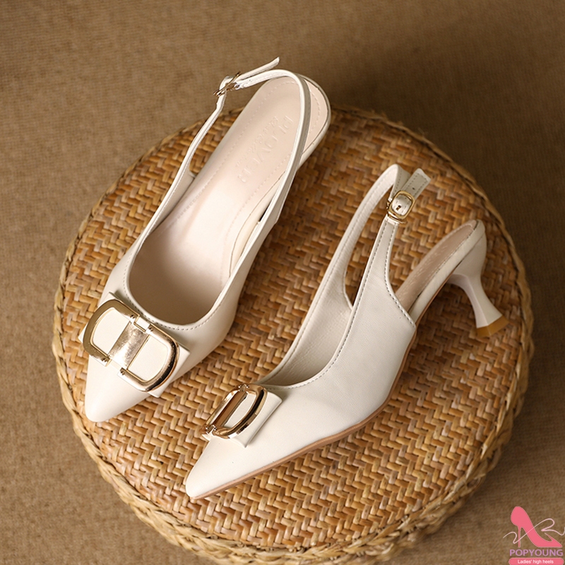 [PY] ใหม่แฟชั่นเกาหลีรองเท้าส้นสูงหนังชี้รองเท้าแตะผู้หญิงสบายๆเซ็กซี่กลับรองเท้าแตะที่ว่างเปล่า