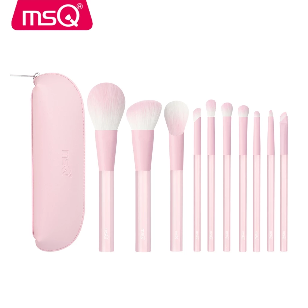 MSQ ชุดแปรงแต่งหน้า 10 ชิ้น ก้านใสสีชมพู ประกอบด้วยแปรงคอนซีลเลอร์ ปัดแป้ง อายแชโดว์ อายไลเนอร์ เบ้าตา