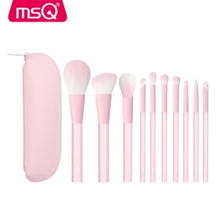 MSQ ชุดแปรงแต่งหน้า 10 ชิ้น ก้านใสสีชมพู ประกอบด้วยแปรงคอนซีลเลอร์ ปัดแป้ง อายแชโดว์ อายไลเนอร์ เบ้าตา