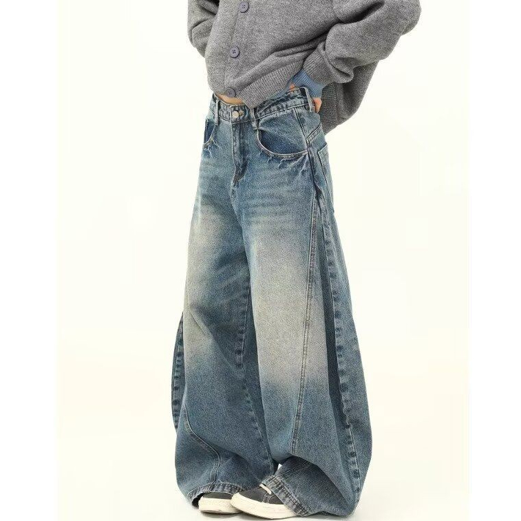 PannoFluxus ผู้ชายใหม่ Retro Washed Distressed Machete กางเกงยีนส์ออกแบบกางเกงยีนส์ขากว้างหลวม